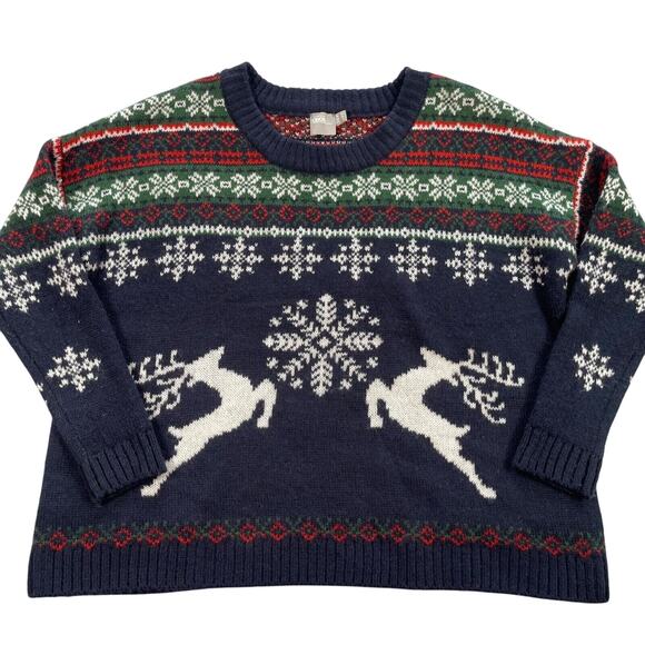 ASOS Sweater Womens US 6 Navy Fair Isle Reindeer Snowflake Christmas Cropped - Picture 1 of 14